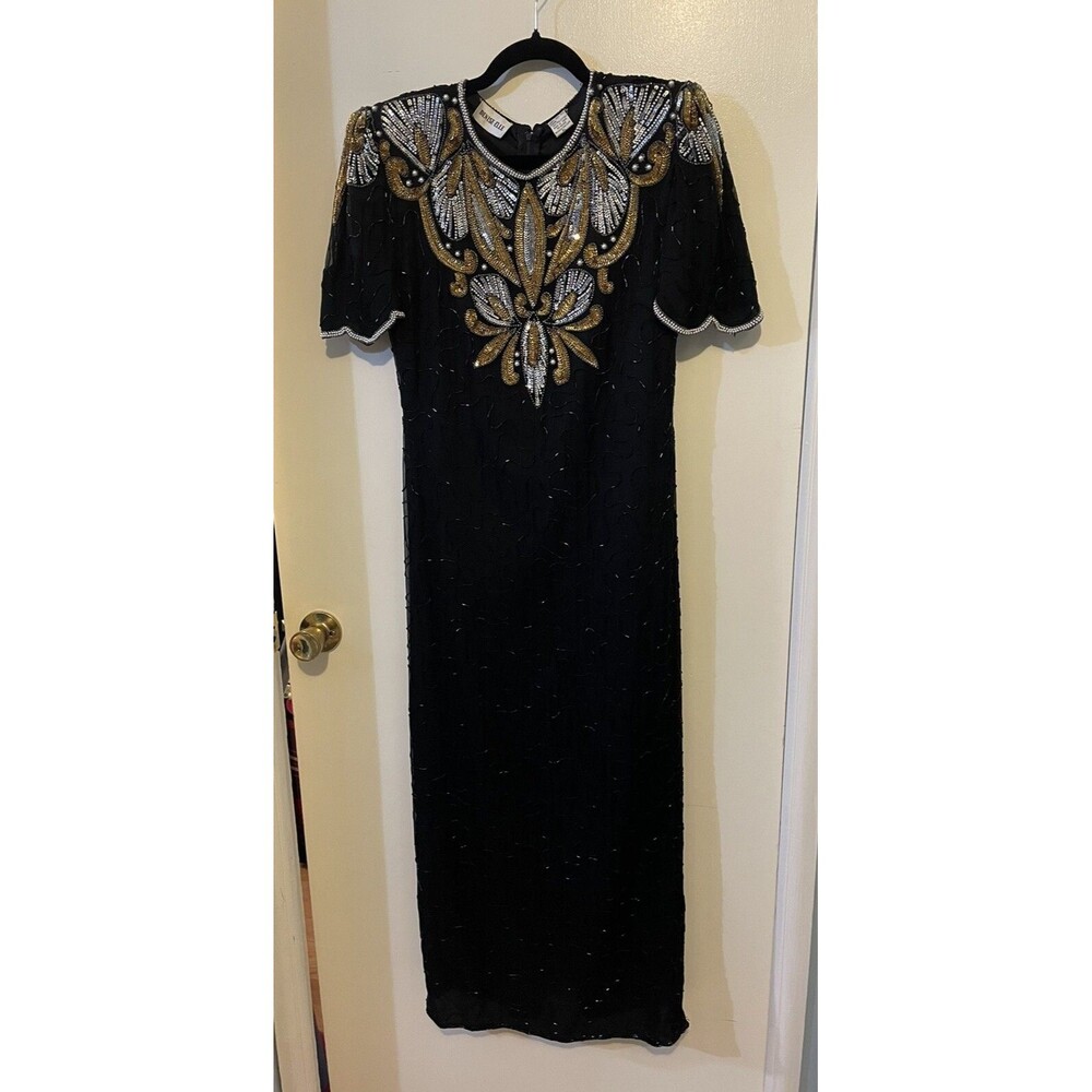 Denise Elle Sequin Dress Petite Large Black Gold Silver Vintage Silk Maxi Sheath